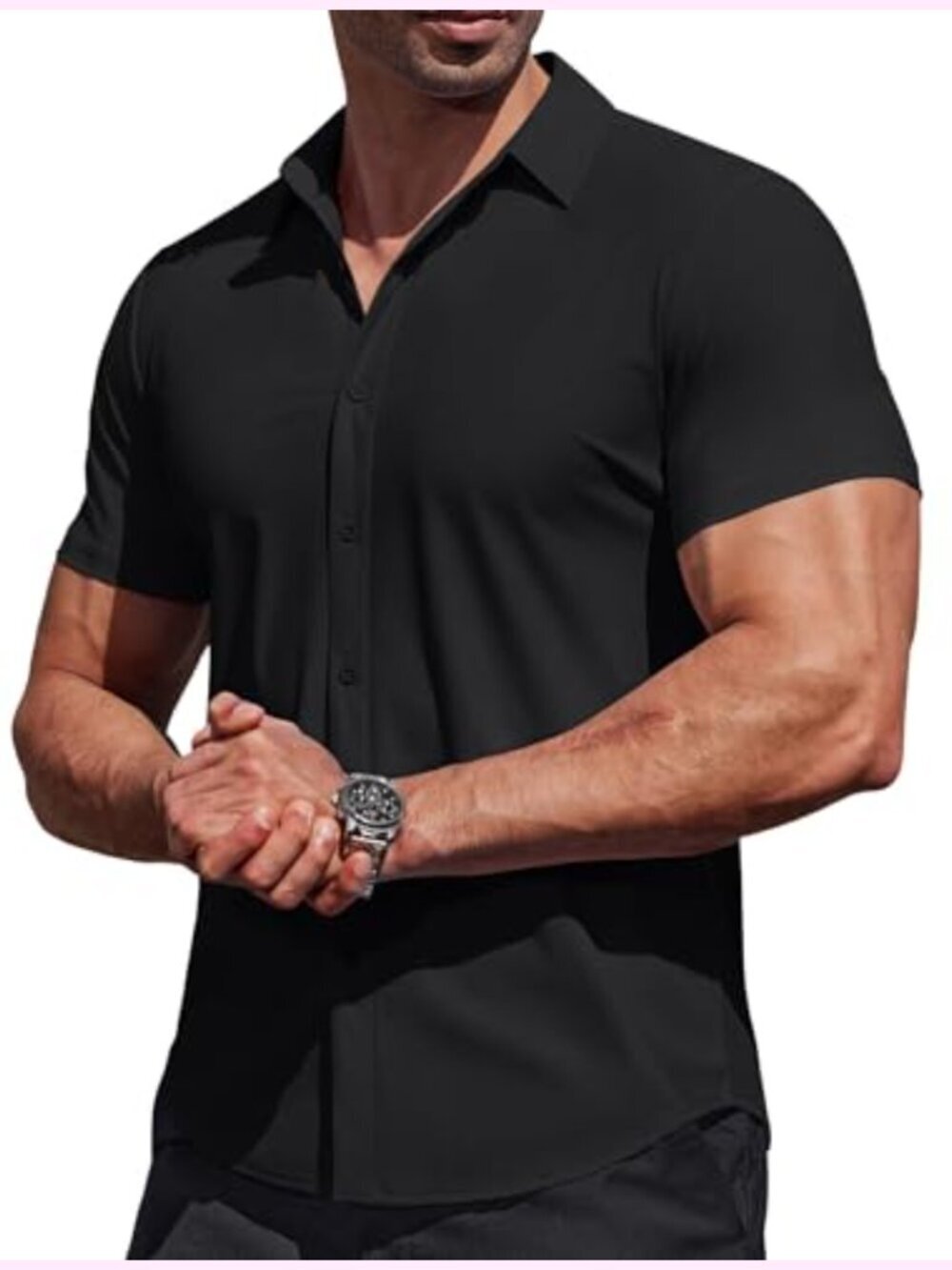 Muscle Fit Short Sleeve Button Down Shirt Wrinkle Free Stretch Solid